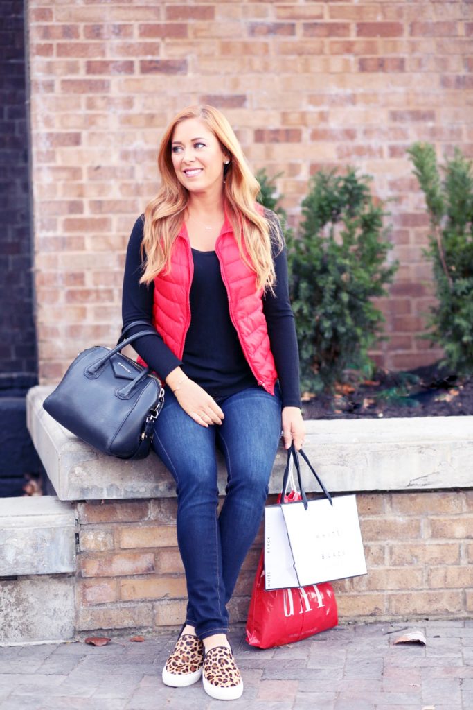 Hilary Kennedy: // Red Puffer Vest + Leopard Print Shoes